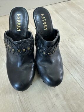 Lauren Ralph Lauren Black Leather Braided Mule Clogs with Stud Trim